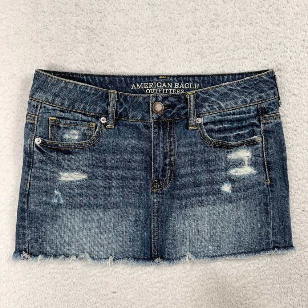 VTG Y2K American Eagle Micro Mini Jean Skirt 4 29.5 Distressed Sexy Grunge Denim